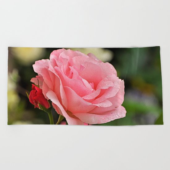 Pink wet rose Beach Towel