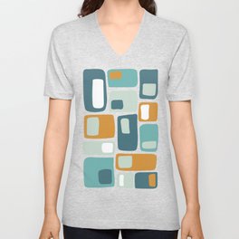 Mid Century Funky Squares and in Teal, Turquoise, Aqua and Orange V Neck T Shirt