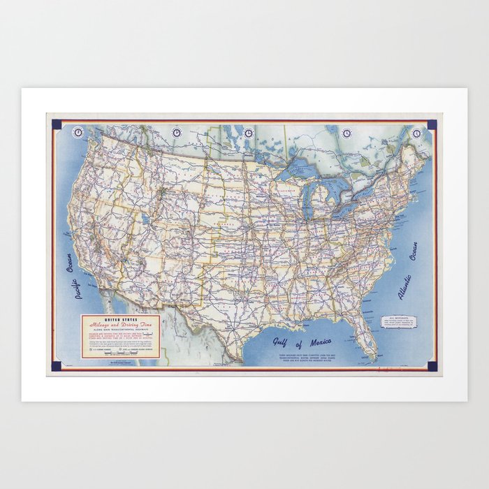 Flat road map of the united states of america 1951 Art Print