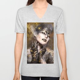 Beautiful Abstract Black and Gold Woman Portrait V Neck T Shirt