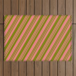 [ Thumbnail: Light Coral & Green Colored Striped/Lined Pattern Outdoor Rug ]