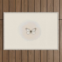Hand-Drawn Butterfly and Brush Stroke on Ecru Off-White Outdoor Rug