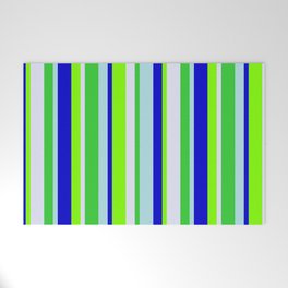 [ Thumbnail: Colorful Powder Blue, Blue, Chartreuse, Lavender & Lime Green Colored Lines Pattern Welcome Mat ]