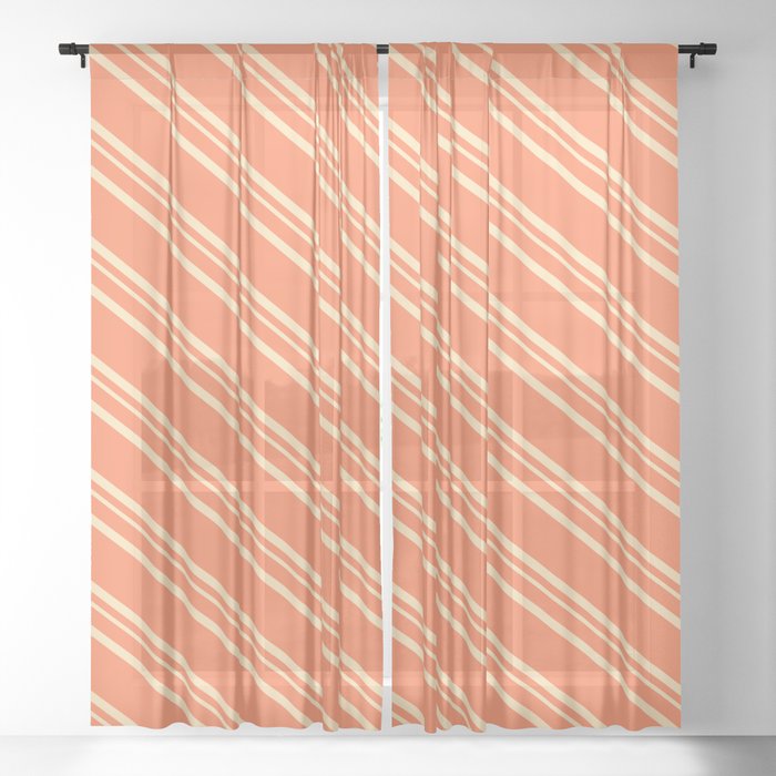 Coral and Beige Colored Striped Pattern Sheer Curtain