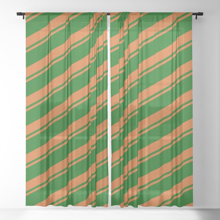 Chocolate & Dark Green Colored Striped Pattern Sheer Curtain