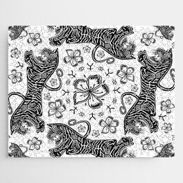 Hand Drawn Tiger & Lily Pattern - Black and White Jigsaw Puzzle