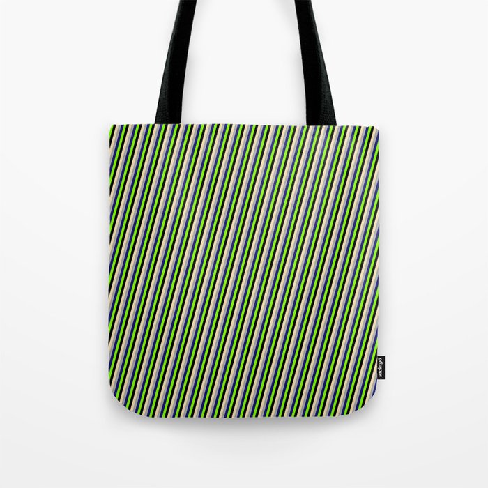 Eye-catching Tan, Dark Grey, Midnight Blue, Chartreuse, and Black Colored Stripes/Lines Pattern Tote Bag