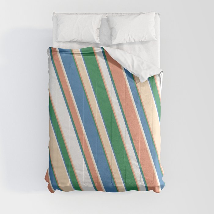 Eye-catching Dark Salmon, Sea Green, Blue, White, and Bisque Colored Stripes Pattern Comforter