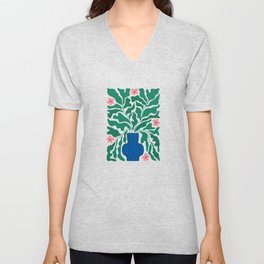 Summer Bloom: Pine Green Leaves & Pink Poppies V Neck T Shirt