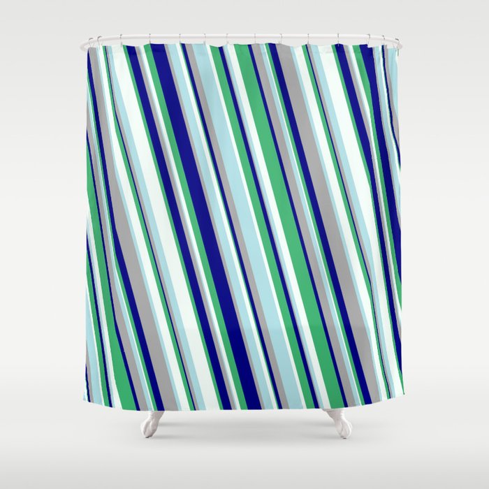 Eye-catching Powder Blue, Dark Gray, Blue, Sea Green & Mint Cream Colored Striped Pattern Shower Curtain