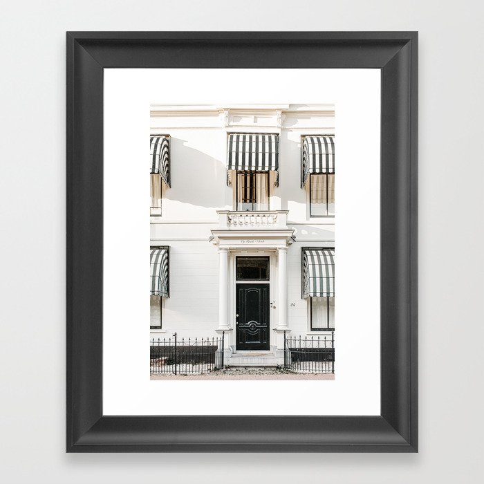 Black door with striped awnings. Minimalistic print - fine art photography Framed Art Print