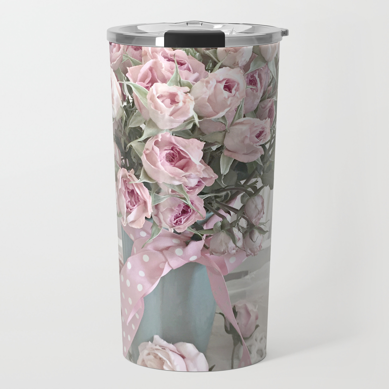 Pastel Roses In Vase Shabby Chic Roses Pink Aqua Floral Print Home Decor Travel Mug By Kathyfornal Society6