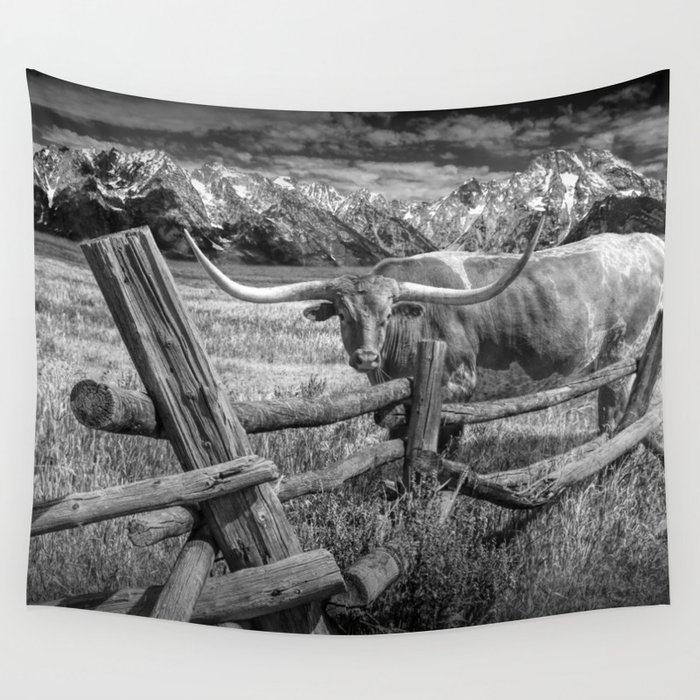 Texas Longhorn Steer by an Old Wooden Fence in Black and White Wall Tapestry