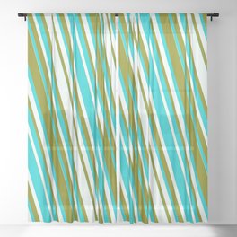 [ Thumbnail: Dark Turquoise, Mint Cream, and Green Colored Striped/Lined Pattern Sheer Curtain ]