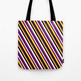 [ Thumbnail: White, Purple, Yellow, and Black Colored Striped Pattern Tote Bag ]