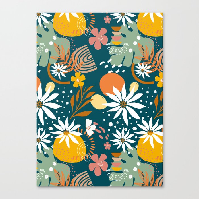 Camomile and monstera emerald green floral pattern Canvas Print