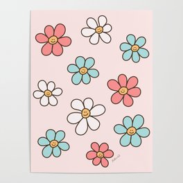 Happy Daisy Pattern, Cute and Fun Smiling Colorful Daisies Poster