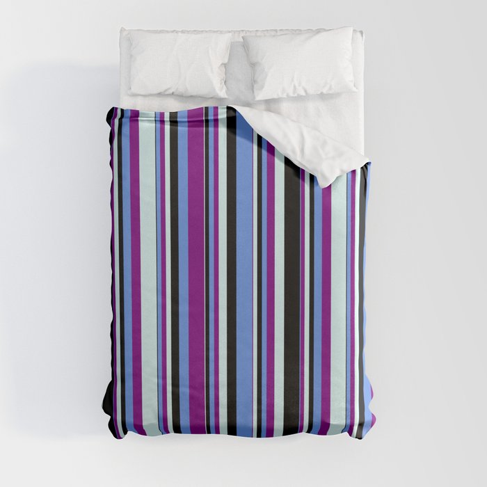 Cornflower Blue, Purple, Light Cyan, and Black Colored Stripes Pattern Duvet Cover