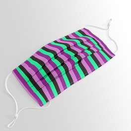 [ Thumbnail: Orchid, Purple, Green, and Black Colored Lined/Striped Pattern Face Mask ]