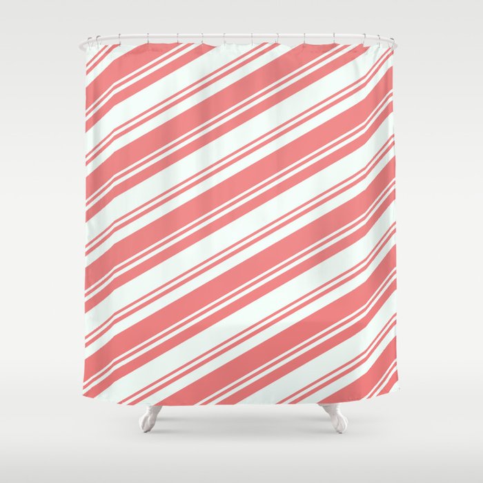 Mint Cream & Light Coral Colored Striped/Lined Pattern Shower Curtain