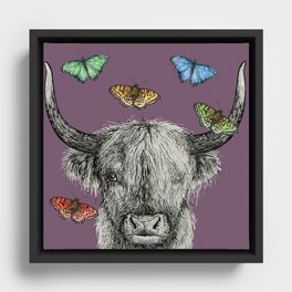 Heather the Highland Cow, Butterflies, pen and ink illustrations, purple Framed Canvas
