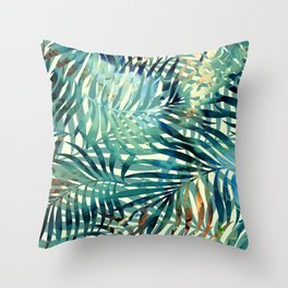 Tropical, Jungle, Palm Leaves, Watercolor Abstract, Blue and Green Throw Pillow