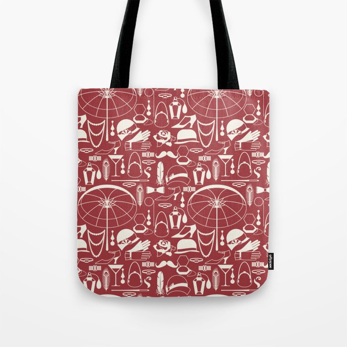 White Old-Fashioned 1920s Vintage Pattern on Victorian Red Tote Bag