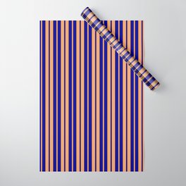 [ Thumbnail: Brown & Dark Blue Colored Stripes Pattern Wrapping Paper ]