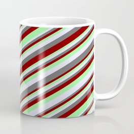 [ Thumbnail: Maroon, Green, Lavender, and Dim Gray Colored Lined Pattern Coffee Mug ]