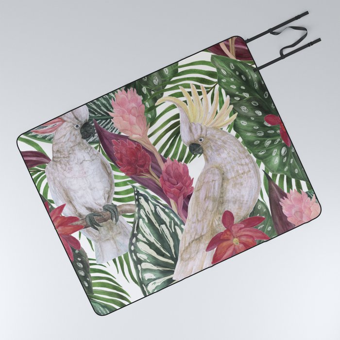 Tropical Jungle Cockatoo Birds Botanical Picnic Blanket