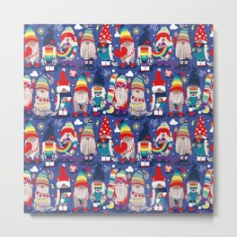 I gnome you // electric blue background little happy and lovely gnomes with rainbows vivid red hearts Metal Print
