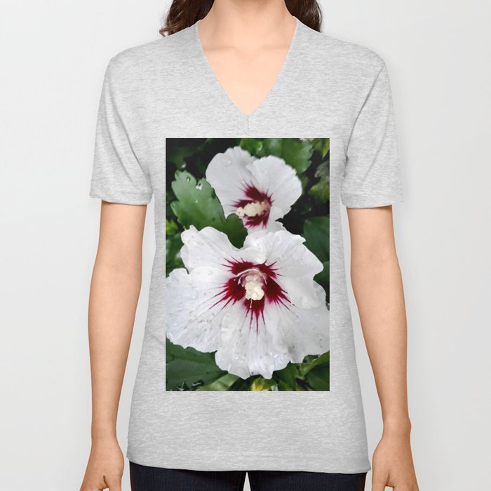White Hibiscus garden after the rain V Neck T Shirt