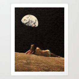 Moon Vacay Art Print | Vintage, Paper, Photomontage, Woman, Retro, Surreal, Space, Moon, Vacation, Surrealism 