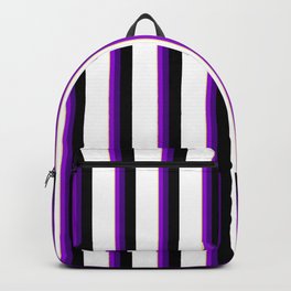 [ Thumbnail: Vibrant Tan, Dark Violet, Indigo, Black, and White Colored Pattern of Stripes Backpack ]