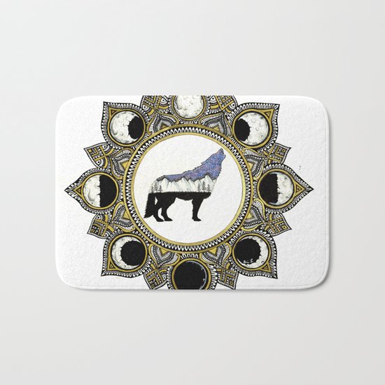 Double Exposure Wolf Howling at the Moon Mandala Bath Mat