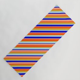 [ Thumbnail: Eye-catching Red, Goldenrod, Powder Blue, Blue, and Light Salmon Colored Lined/Striped Pattern Yoga Mat ]