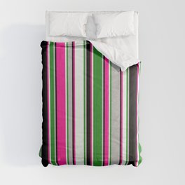 [ Thumbnail: Eyecatching Grey, Forest Green, Mint Cream, Deep Pink, and Black Colored Pattern of Stripes Comforter ]