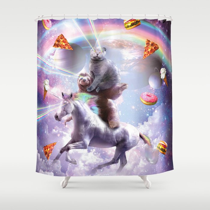 Laser Eyes Space Cat On Sloth Unicorn - Rainbow Shower Curtain