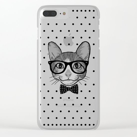 Cat Hipster With Bow Tie - Polka Dots Pattern Clear iPhone Case