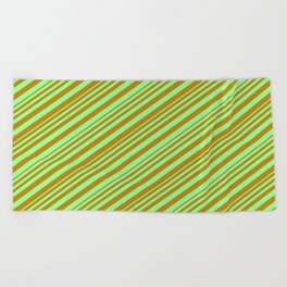 [ Thumbnail: Green & Dark Goldenrod Colored Stripes/Lines Pattern Beach Towel ]