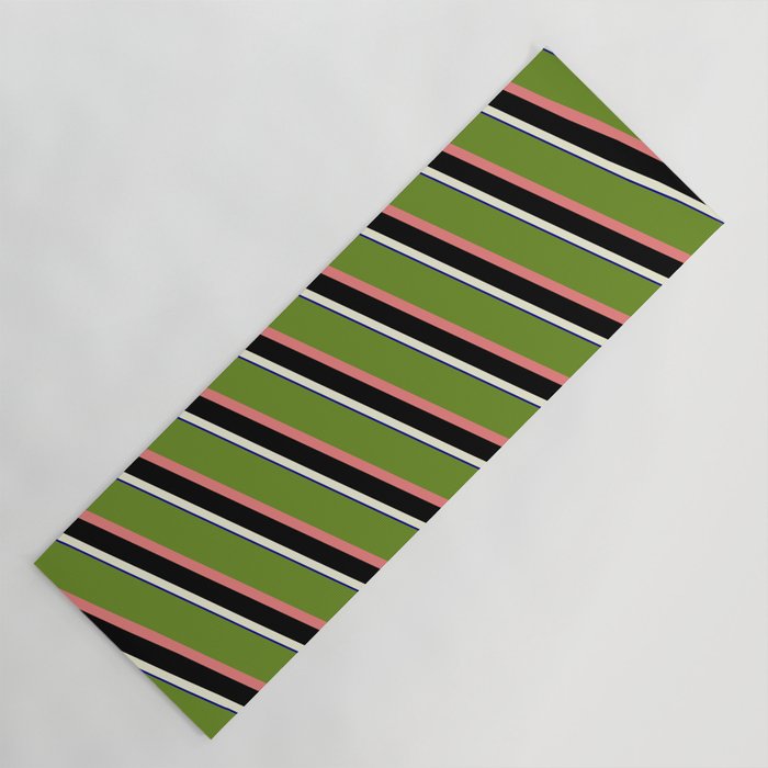 Eyecatching Green, Light Coral, Black, Beige, and Dark Blue Colored Lined/Striped Pattern Yoga Mat