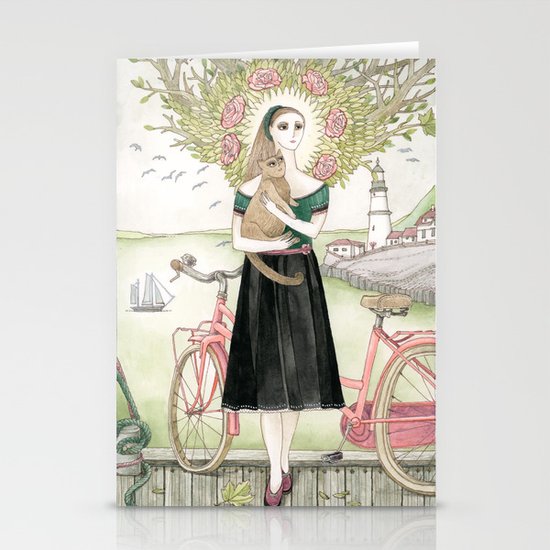 Girl and cat with pink bicycle Stationery Cards