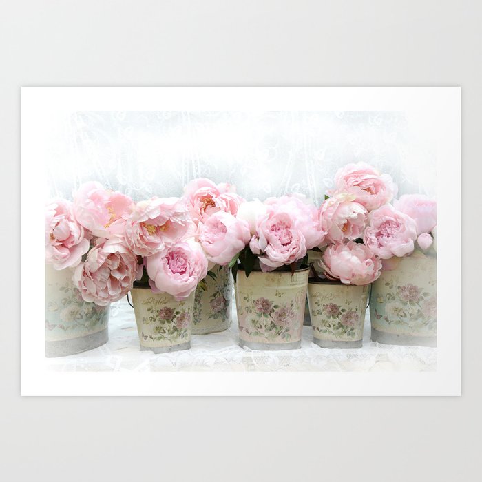 Paris Shabby Chic Pink Pastel Peonies In French Fleur Buckets Cottage Chic Wall Art Prints Home Decor Art Print