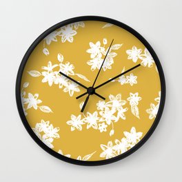 Sketchy Floral Clusters White on Mustard Wall Clock