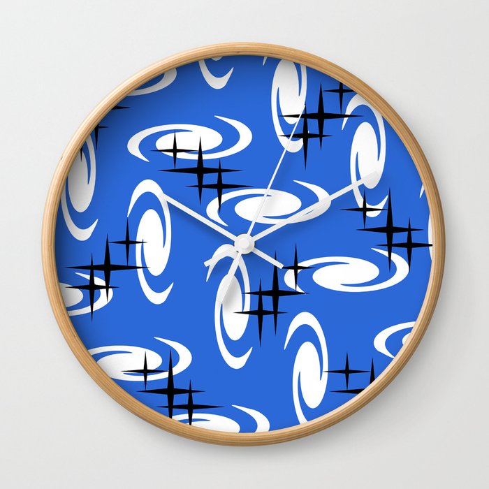 Retro Atomic Age Swirls Stars Pattern Blue Wall Clock