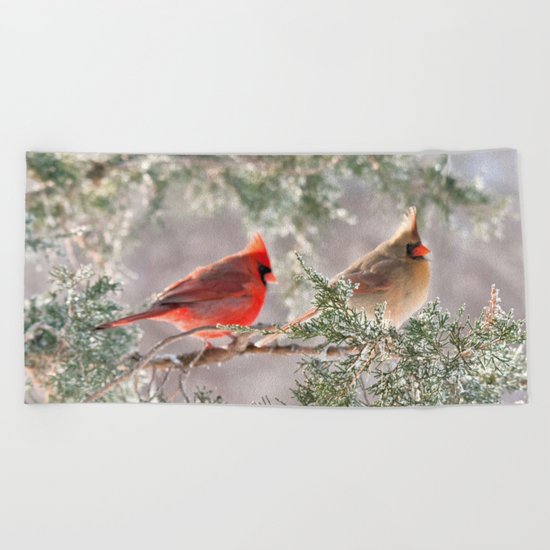 Hoarfrost Cardinals Beach Towel
