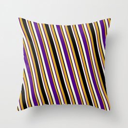 [ Thumbnail: Goldenrod, Indigo, Beige & Black Colored Pattern of Stripes Throw Pillow ]