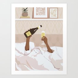 Black woman in bed with bottle of champagne Art Print
