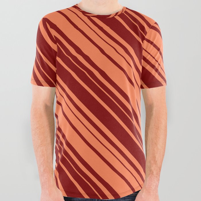 Coral & Maroon Colored Lined/Striped Pattern All Over Graphic Tee