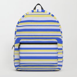 [ Thumbnail: Tan, Lavender & Royal Blue Colored Striped/Lined Pattern Backpack ]